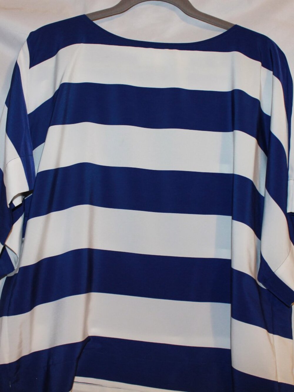 Chico's navy blue and white stripped wide-neck top